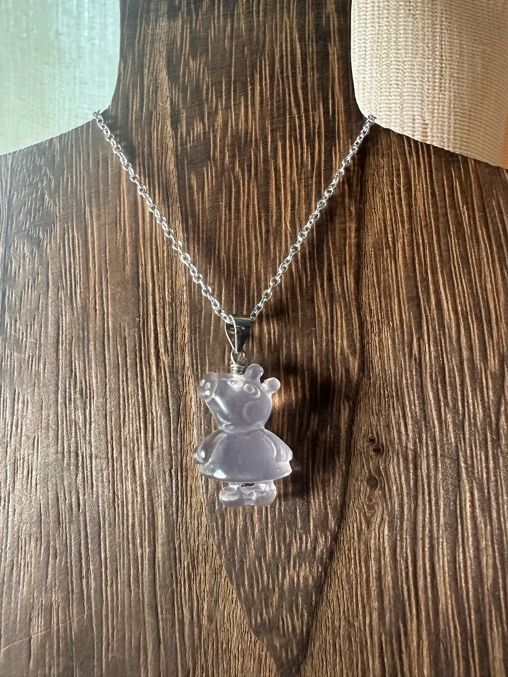Light Pink Rose Quartz Peppa Pig Pendant Necklace, Sterling Silver Bail - Picture 8 of 10